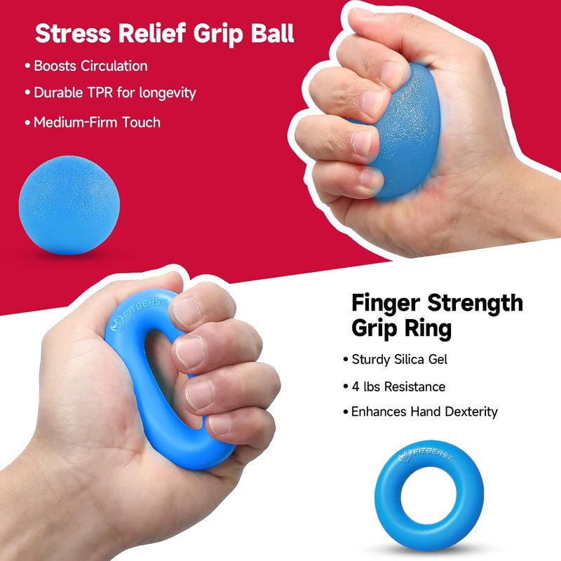 FitBeast Hand Grip Strengthener Workout Kit (5 Pack), 2 Forearm Grip Adjustable Resistance Hand Gripper, Finger Stretcher, Grip Ring & Stress Relief Grip Ball for Athletes - Image 4